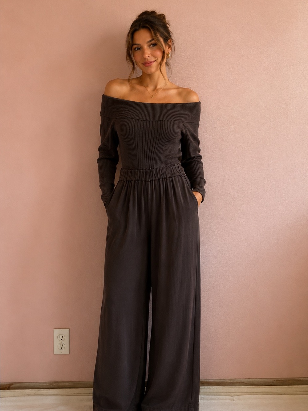 ANTHROPOLOGIE Chic Brawn Off-Shoulder Jumpsuit